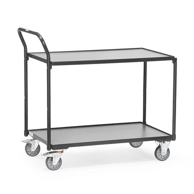Leichter Tischwagen 300 kg mit 2 hölzernen Ebenen und hochstehendem Schiebegriff 850x500 anthrazit