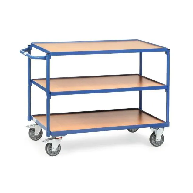 Leichter Tischwagen 300 kg mit 3 hölzernen Etagen und horizontalem Schiebegriff 1000x600