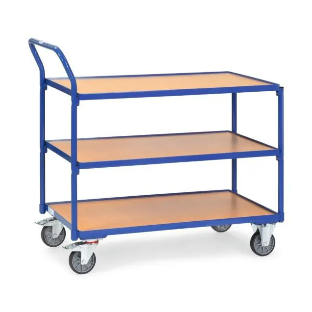 Leichter Tischwagen 300 kg mit 3 Ebenen aus Holz und aufrechtem Schiebegriff 1000x600