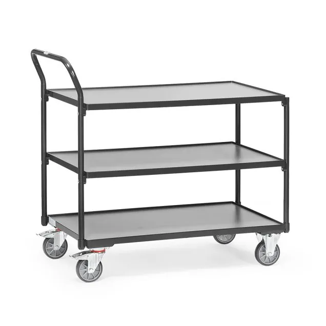 Leichter Tischwagen 300 kg mit 3 hölzernen Ebenen und aufrechtem Schiebegriff 1000x600 anthrazit