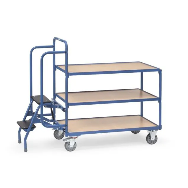Kommissionierwagen mit 3 Ladeflächen und Klapptritt
