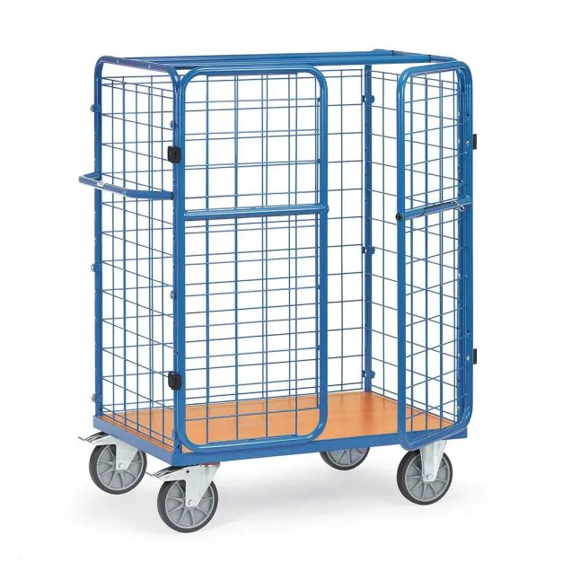 Paketwagen, Transportwagen 1200x800x1552 mm (LxBxH) 600 kg mit 3 Drahtgitterwänden und Flügeltür