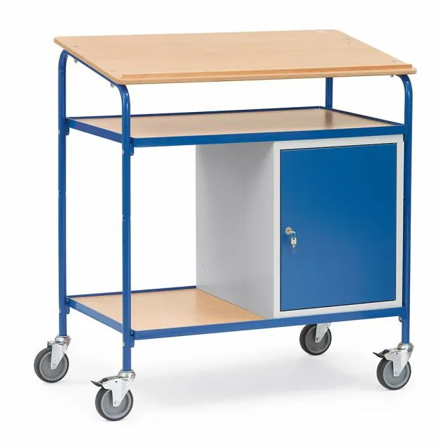 Fahrbarer Schrank, Pult 100 kg 1000x600 mit abschließbarem Schrank und hölzerner Schreibplatte, Arbeitsplatte