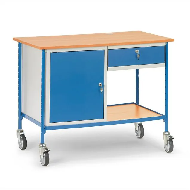 Rollbarer Tisch 150 kg 1120x650 mit abschließbarem Stahlschrank und ausziehbarer Schublade