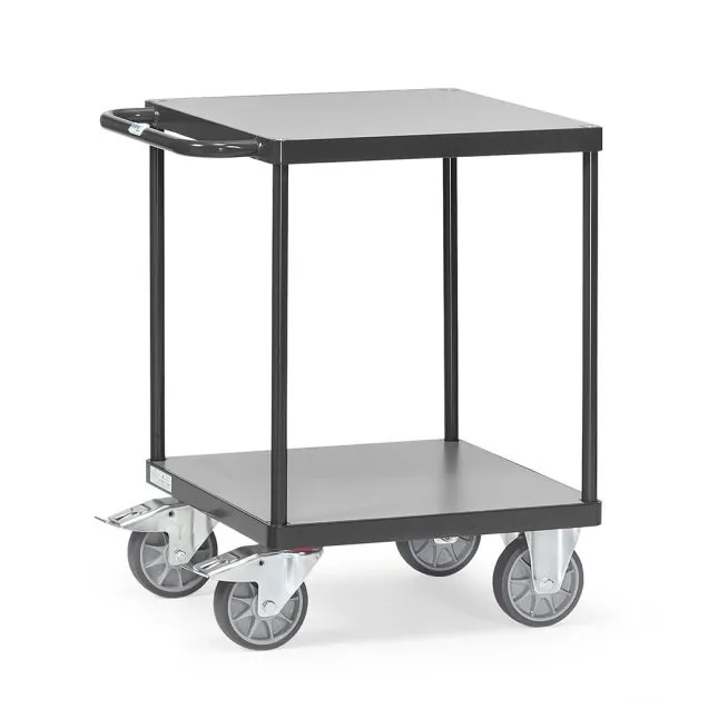 Schwerer Tischwagen 500 kg mit 2 hölzernen Ebenen 600x600 anthrazit