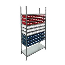 Behälterregal 2.000x1.000x400 mm (HxBxT) mit 72 Lagerbehältern / 288 Positionen rot-weiß-blau