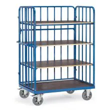 Etagenwagen, Schwerlastwagen 1000x700x1817 mm (HxBxT) 1200 kg mit 4 Etagen und 3 Wänden mit Stäben