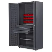 Materialschrank mit 2 Fachböden, Werkzeugwand, Lagerbehälter und 3 Schubladen grau 2030x1000x500 (HxBxT)