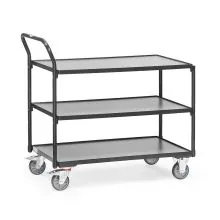 Leichter Tischwagen 300 kg mit 3 Holz-Ebenen und aufrechtem Schiebegriff 850x500 anthrazit