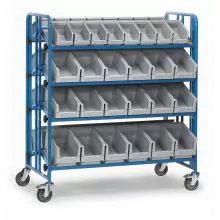 Bakkenwagen 300 kg mit 4 Etagen und 52 Lagerbehältern kippbar