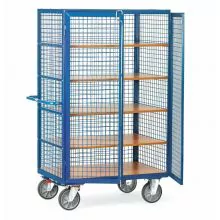Schrankwagen 750 kg 1000x680 mit 5 Etagen, Drahtgitterwänden, Doppelflügeltür und Riegelverschluss