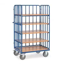 Etagenwagen, Transportwagen 1000x600x1800 mm (lxbxh) 600 kg mit 5 Etagen und 3 Wänden mit Streben