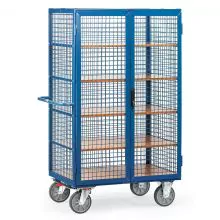 Schrankwagen 750 kg 1000x680 mit 5 Etagen, Drahtgitterwänden, doppelter Flügeltür und Spannverschluss