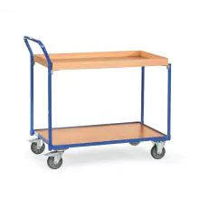 Leichter Tischwagen 300 kg mit 1 Holz-Etage, 1 Etagenbehälter und hochstehendem Schiebegriff 850x500