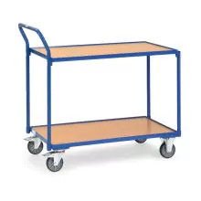 Leichter Tischwagen 300 kg mit 2 Holzetagen und hochstehendem Schiebegriff 850x500