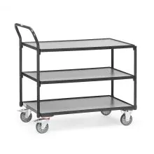 Leichter Tischwagen 300 kg mit 3 Holz-Etagen und aufrechtem Schiebegriff 1000x600 anthrazit