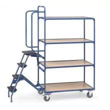 Kommissionierwagen mit 4 Ladeebenen und Treppe, hohe Ausführung
