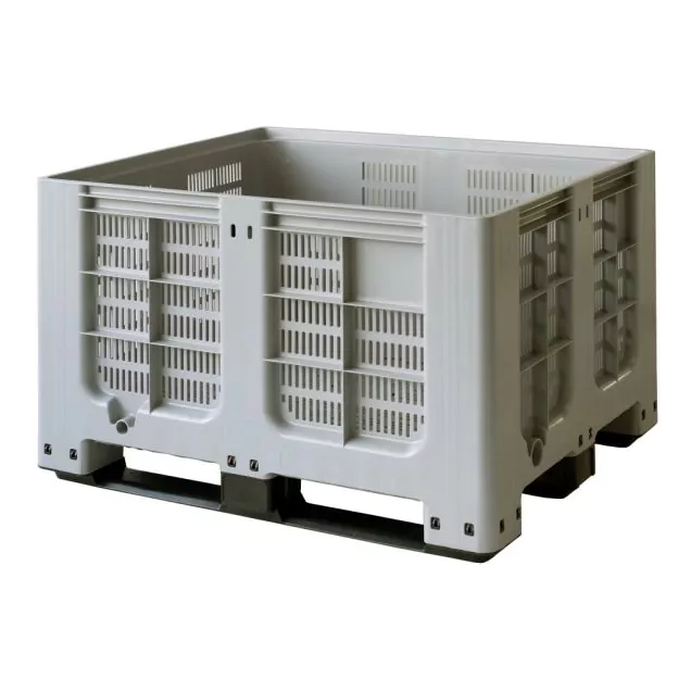 Perforierte Palettebox im Blockpalettenformat 1200x1000x760 mm (lxbxh) auf 3 Kufen grau