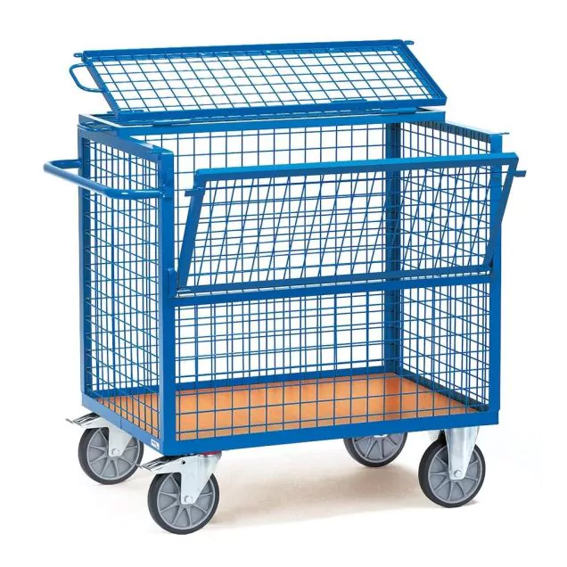 Plattformwagen 600 kg 1000x700 mit Drahtgitterwänden und Deckel