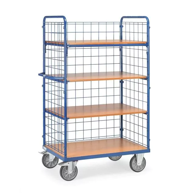 Etagenwagen, Transportwagen 1000x600x1800 mm (LxBxH) 600 kg mit 4 Etagen und 3 Drahtgitterwänden