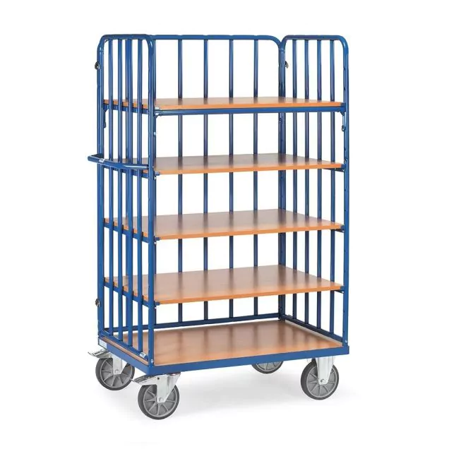 Etagenwagen, Transportwagen 1000x600x1800 mm (lxbxh) 600 kg mit 5 Etagen und 3 Wänden mit Streben