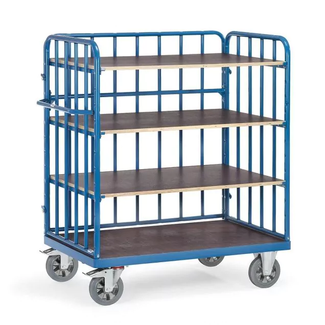 Etagenwagen, Schwerlastwagen 1000x700x1583 mm (lxbxh) 1200 kg mit 4 Etagen und 3 Wänden mit Streben