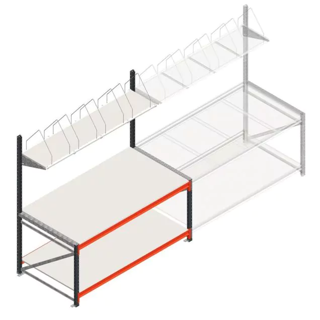 Verpackungstisch in doppelter Ausführung mit Aufbau 1965x1000x2000 mm (bxtxh) Anfangsregal