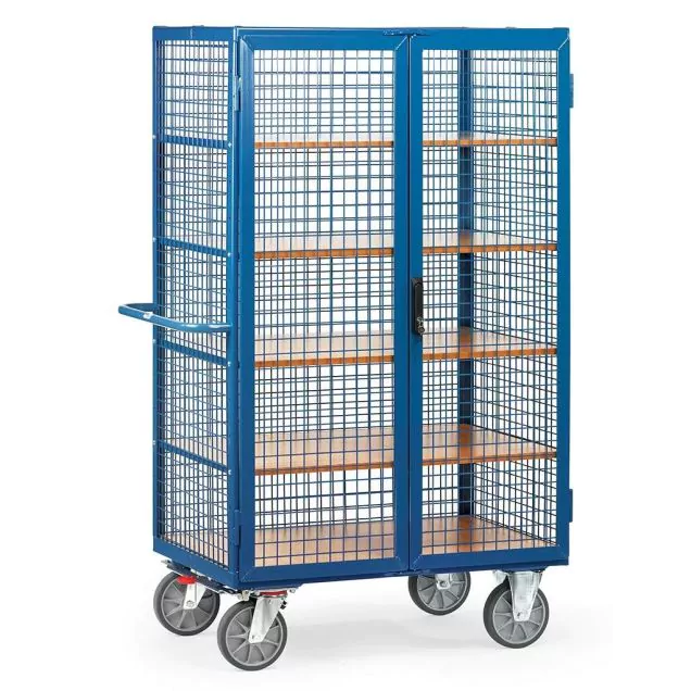 Schrankwagen 750 kg 1000x680 mit 5 Etagen, Drahtgitterwänden, doppelter Flügeltür und Spannverschluss
