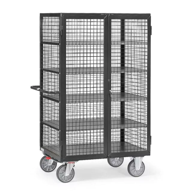 Schrankwagen 750 kg 1000x680 mit 5 Etagen, Drahtgitterwände, doppelte Flügeltür und Dreipunktverriegelung in Anthrazit