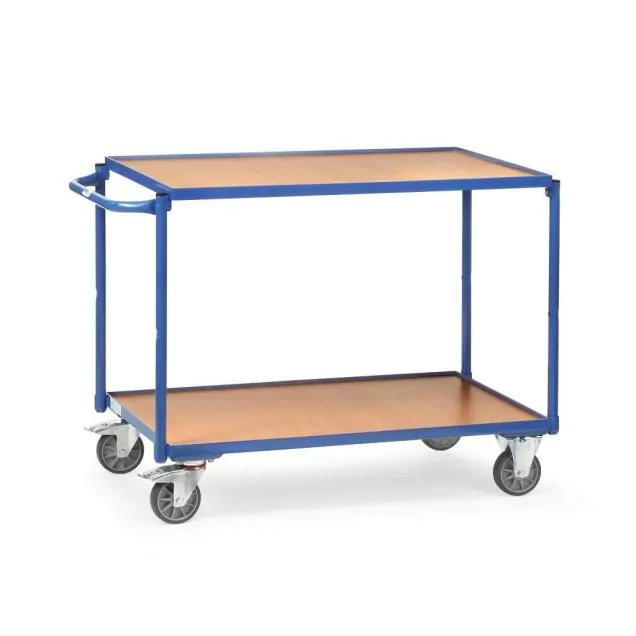 Leichter Tischwagen 300 kg mit 2 Holzetagen und horizontalem Schiebegriff 1000x600