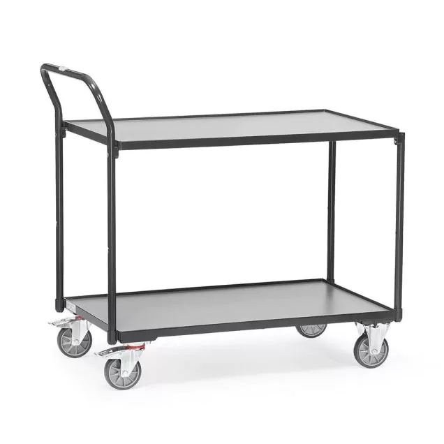 Leichter Tischwagen 300 kg mit 2 Holz-Etagen und aufstehendem Schiebegriff 1000x600 anthrazit