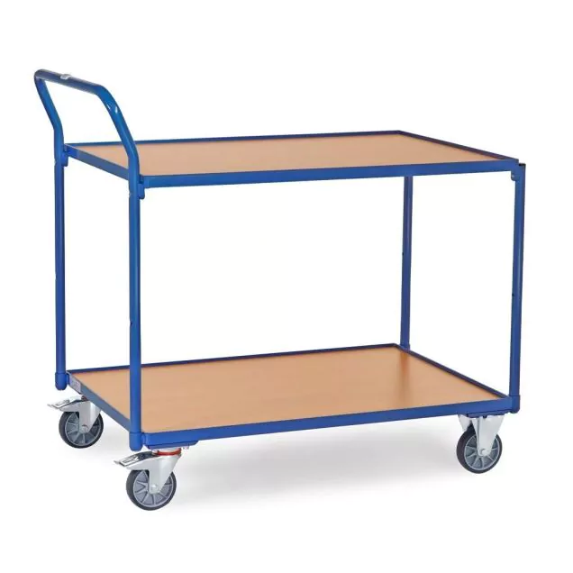 Leichter Tischwagen 300 kg mit 2 Holzetagen und aufrechtem Schiebegriff 1000x700