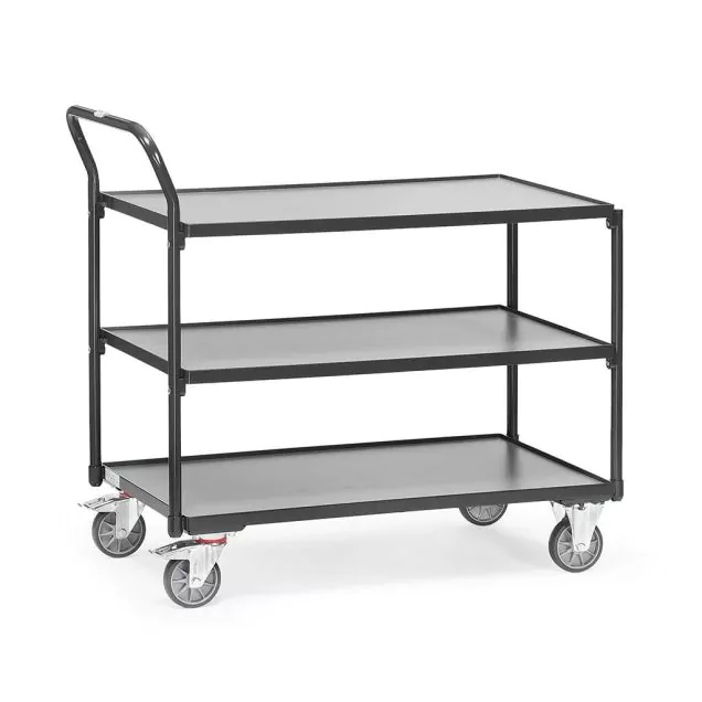 Leichter Tischwagen 300 kg mit 3 Holz-Etagen und aufrechtem Schiebegriff 1000x600 anthrazit