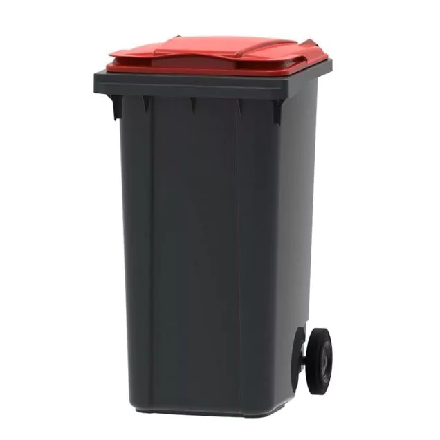 Abfallbehälter, mobiler Rollcontainer 240 Liter grau rot 