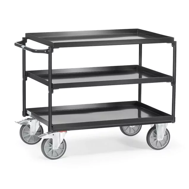 Stahl-Tischwagen 400 kg mit 3 Stahlböden und horizontalem Schiebegriff 850x500 anthrazit