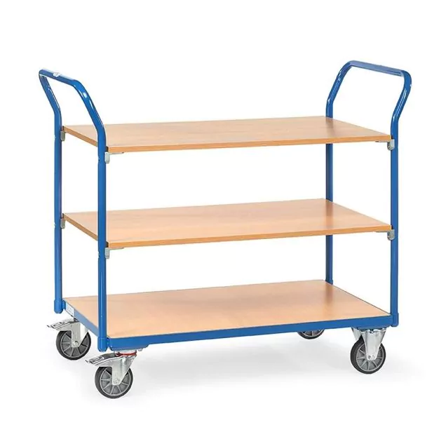 Tischwagen 200 kg mit 3 Holz-Etagen und doppeltem Schiebegriff 1000x600