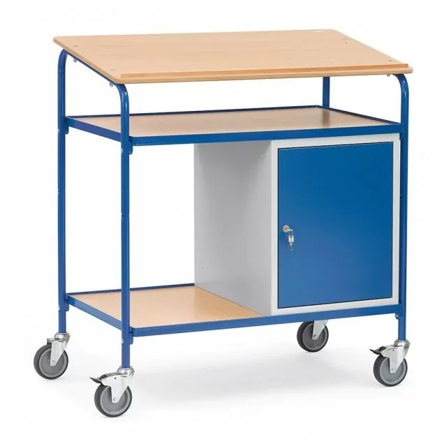 Rollcontainer, Pult 100 kg 1000x600 mit abschließbarem Schrank und Holzschreibplatte, Arbeitsplatte