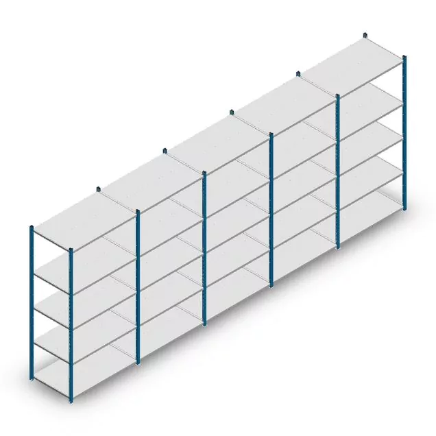 Vorteilsreihe Fachbodenregal Mittellast 2000x5000x600 mm (hxbxt) 5 Ebenen blau
