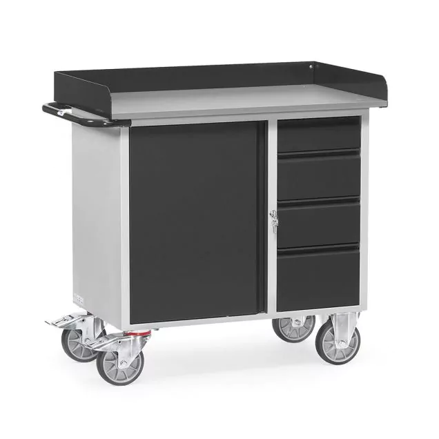 Werkstattwagen aus Stahlblech 400 kg mit 1 Schrank, 4 Schubladen und umlaufendem Rand 985x590 anthrazit