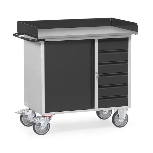 Werkstattwagen aus Stahlblech 400 kg mit 1 Schrank, 6 Schubladen und umlaufendem Rand 985x590 in Anthrazit